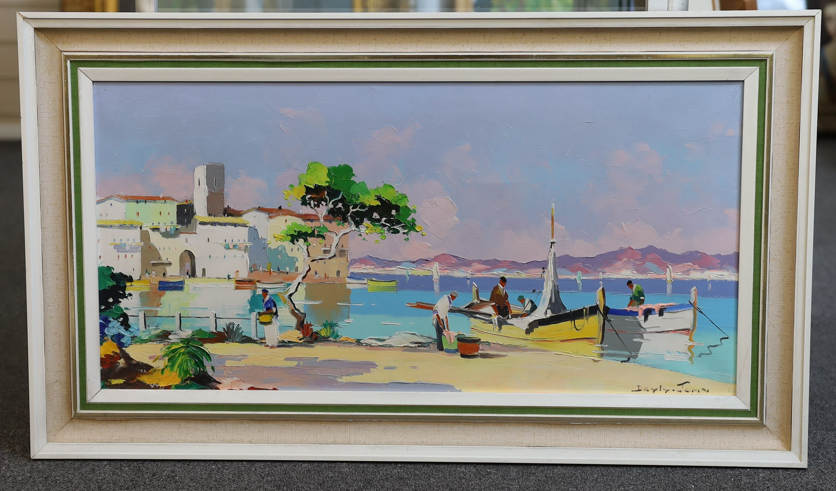 Cecil Rochfort D'Oyly John (1906-1993), Mediterranean scene with fishermen in the foreground, oil on canvas, 34 x 69cm
